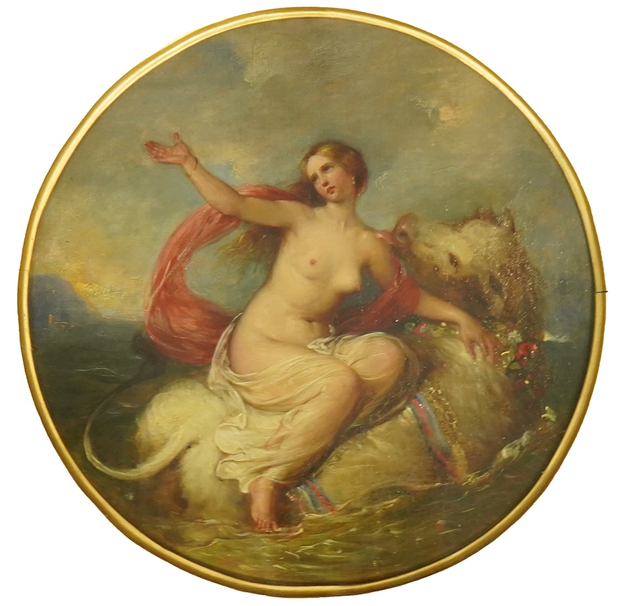 William Edward Frost R.A. (English, 1810-1877), Andromeda riding a bull, oil on canvas, tondo, 24cm